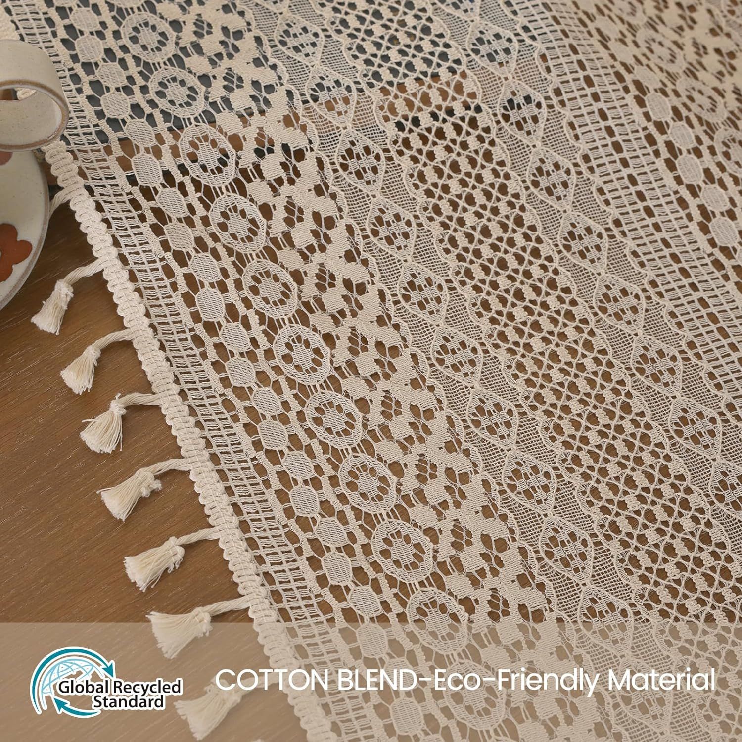 Boho Curtain Crochet Lace with Bohemian Hollow Knitted Handmade Tassels, Short Farmhouse Window Treatment for Kitchen Cafe, Rod Pocket, 1 Panel 59" W x 24" L — image 3