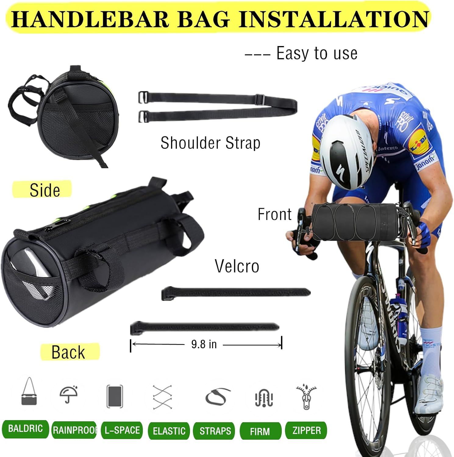 Bike Handlebar Bag Waterproof Bicycle Handlebar Roll Bag, Bike Front Pouch with Waterproof Zipper Shoulder Strap Removable Straps for Road Mountain — image 3