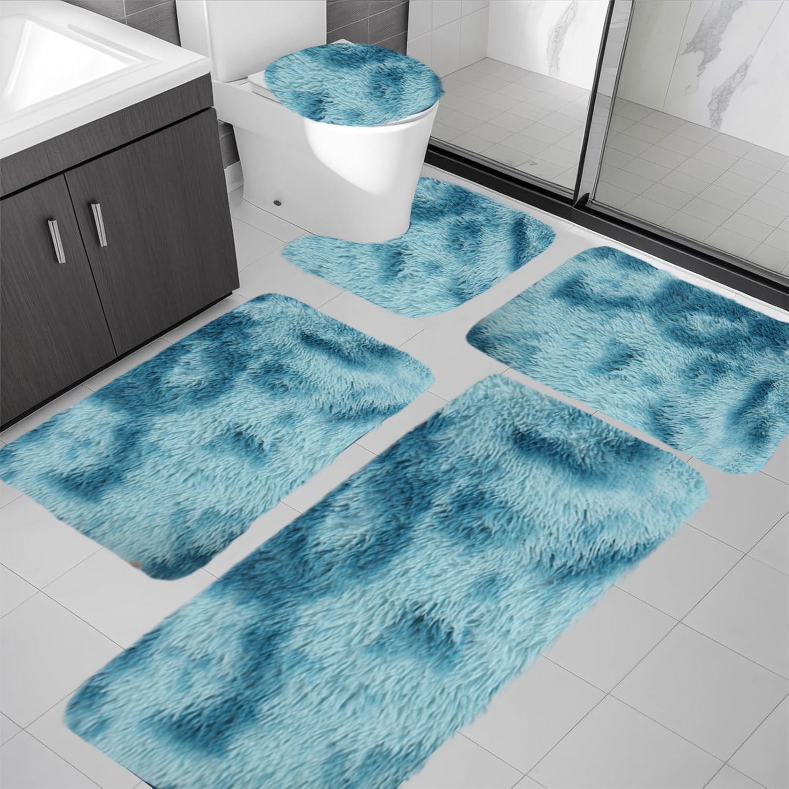 Tie-Dye Bathroom Rugs Sets, Non-Slip Bath Mat Set 5 Piece, Soft Comfortable Washable Bathroom Mat Set, Quicker Dry Bathroom Rug with Toilet Rug Blue — image 5