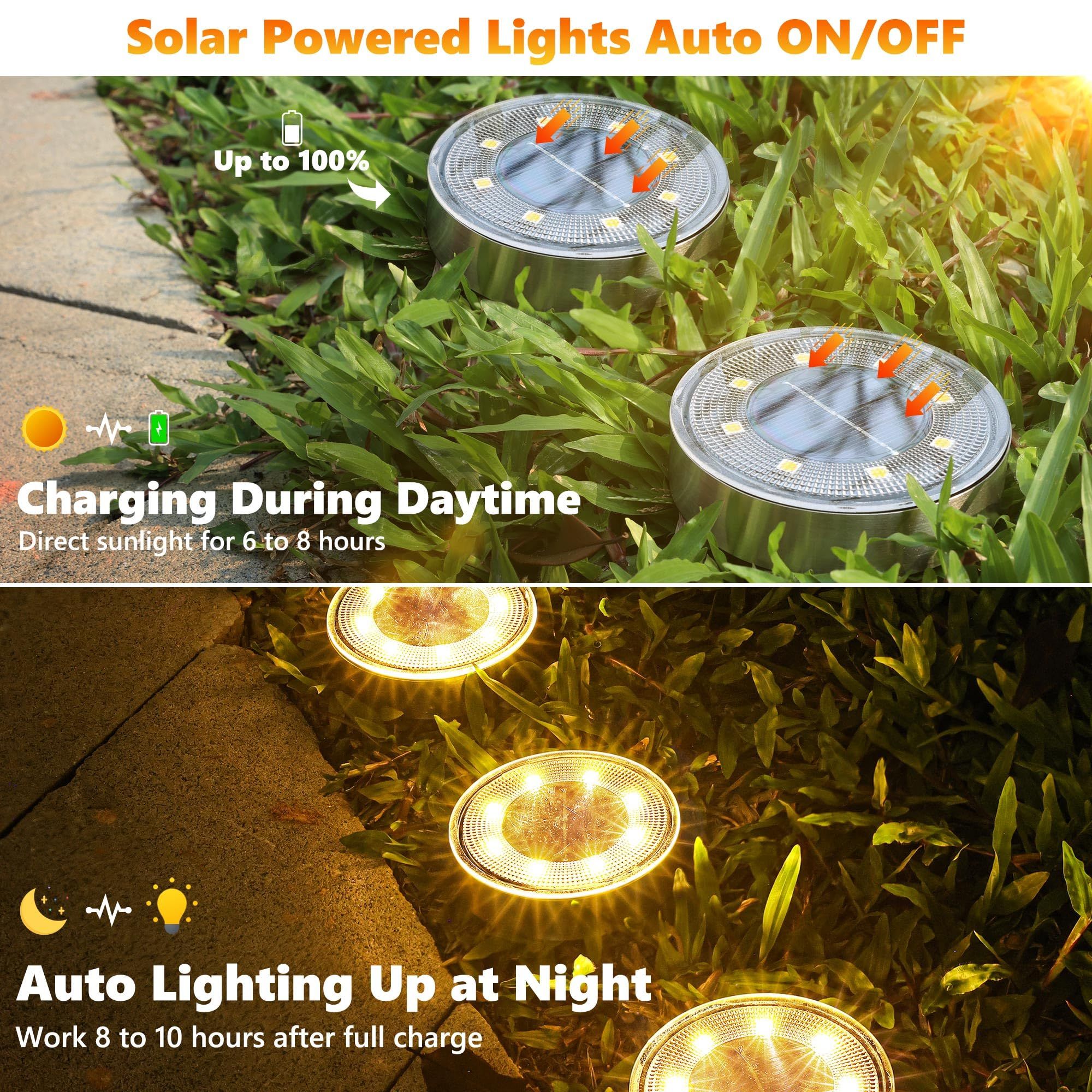 Solar Ground Lights, 10 Pack 8 LED Solar Lights Outdoor IP68 Waterproof Solar Disc Lights In-Ground Landscape Lighting (Warm White) โ image 2