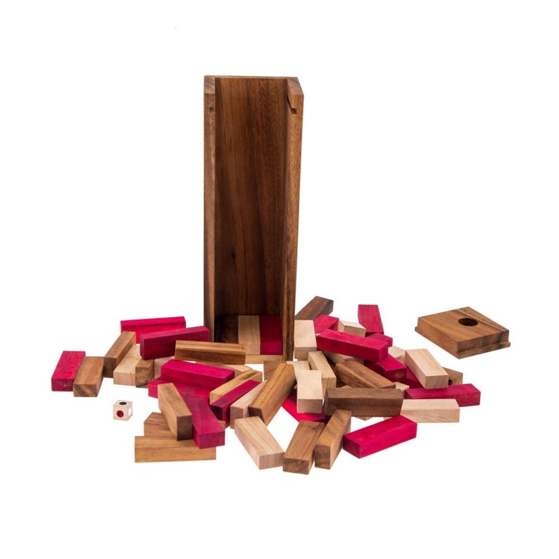 Stacking tumbling blocks wood Red colours balance game with dice play options handmade stacking Fun Board Games Kids Ages 4 to Adults — image 4