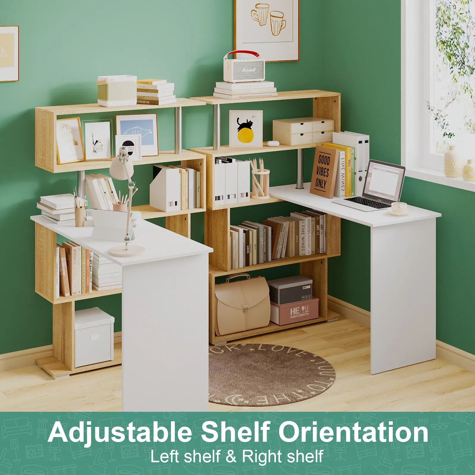 Adjustable Computer Desk with Storage Shelving in White Jointed Oak, 131 × 86 × 106cm — image 3