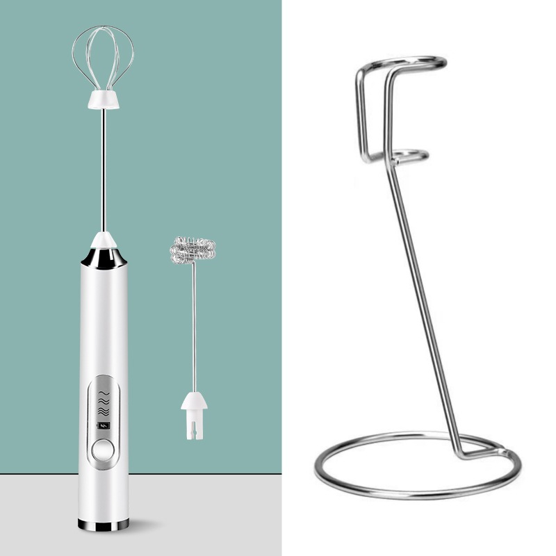 White Rechargeable Handheld Milk Frother and Electric Whisk Set 3 Speeds with 2 Stainless Steel Heads and Storage Stand Australian Home Barista Kit