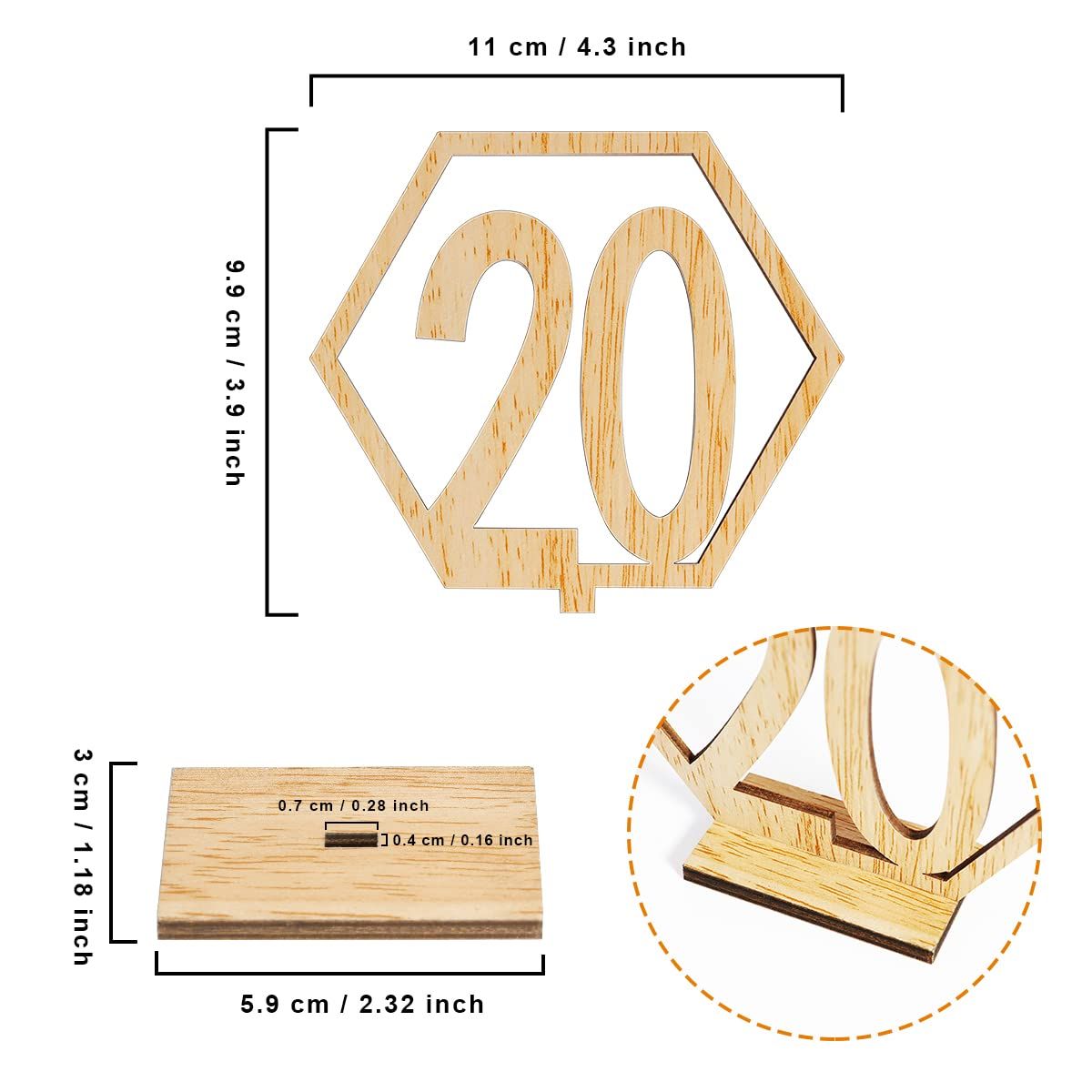 Wooden Table Numbers,Fashionclubs 1-20 Wedding Table Numbers with Holder Base,Hexagon Shape,Perfect for Wedding, Decoration — image 3