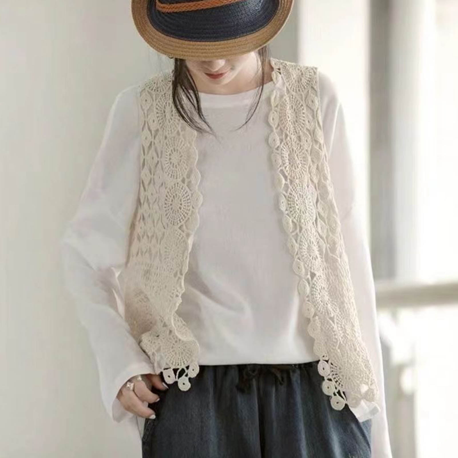 Women Vest Women's Sleeveless Knitted Hollow Vest Retro Crochet Cardigan for Summer Spring Autumn Sleeveless Cardigan One Size Apricot โ image 2