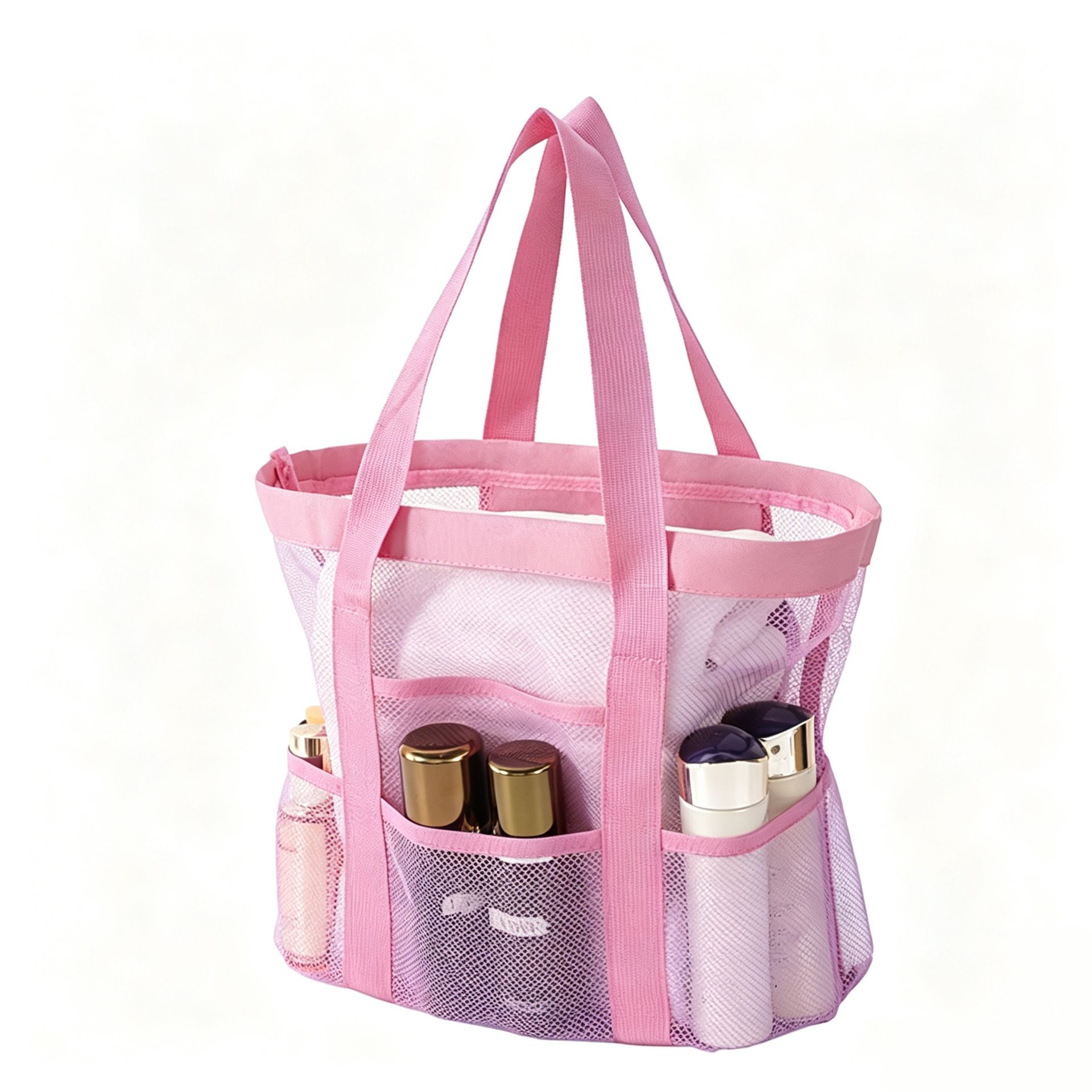 Pink small size Large Capacity Mesh Beach Tote Bag - Breathable PET with Multi-Pocket Storage, Quick-Dry Design for Travel, Gym, and Poolside Use