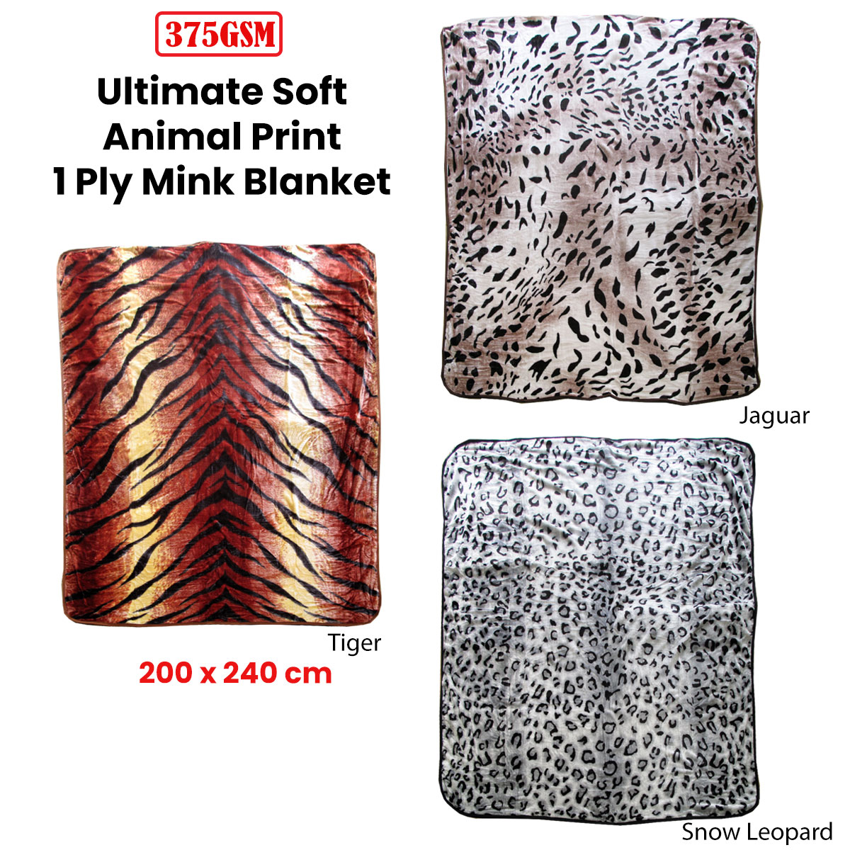 375gsm 1 Ply Animal Print Faux Mink Blanket Queen 200x240 cm Snow Leopard โ image 3
