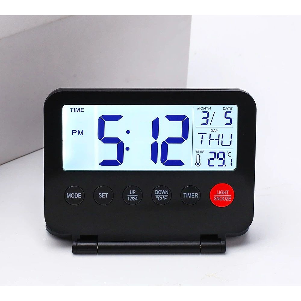 Digital Travel Alarm Clock - LCD Display, Backlit desktop alarm clock, student folding mirror electronic clock, temperature display, snooze, portable — image 2