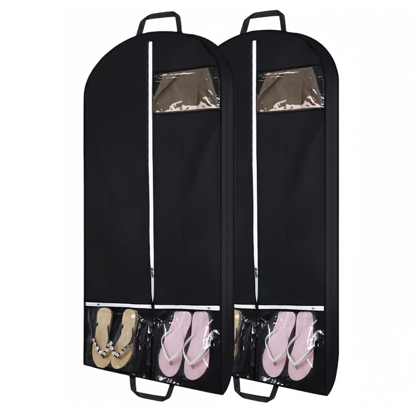 2 pack 50" Garment Bags for Travel and Clothes Storage with 2 Clear Pockets, Hanging Clothes Cover Suit Bag for Closet Storage with Handles for Suits, Dress