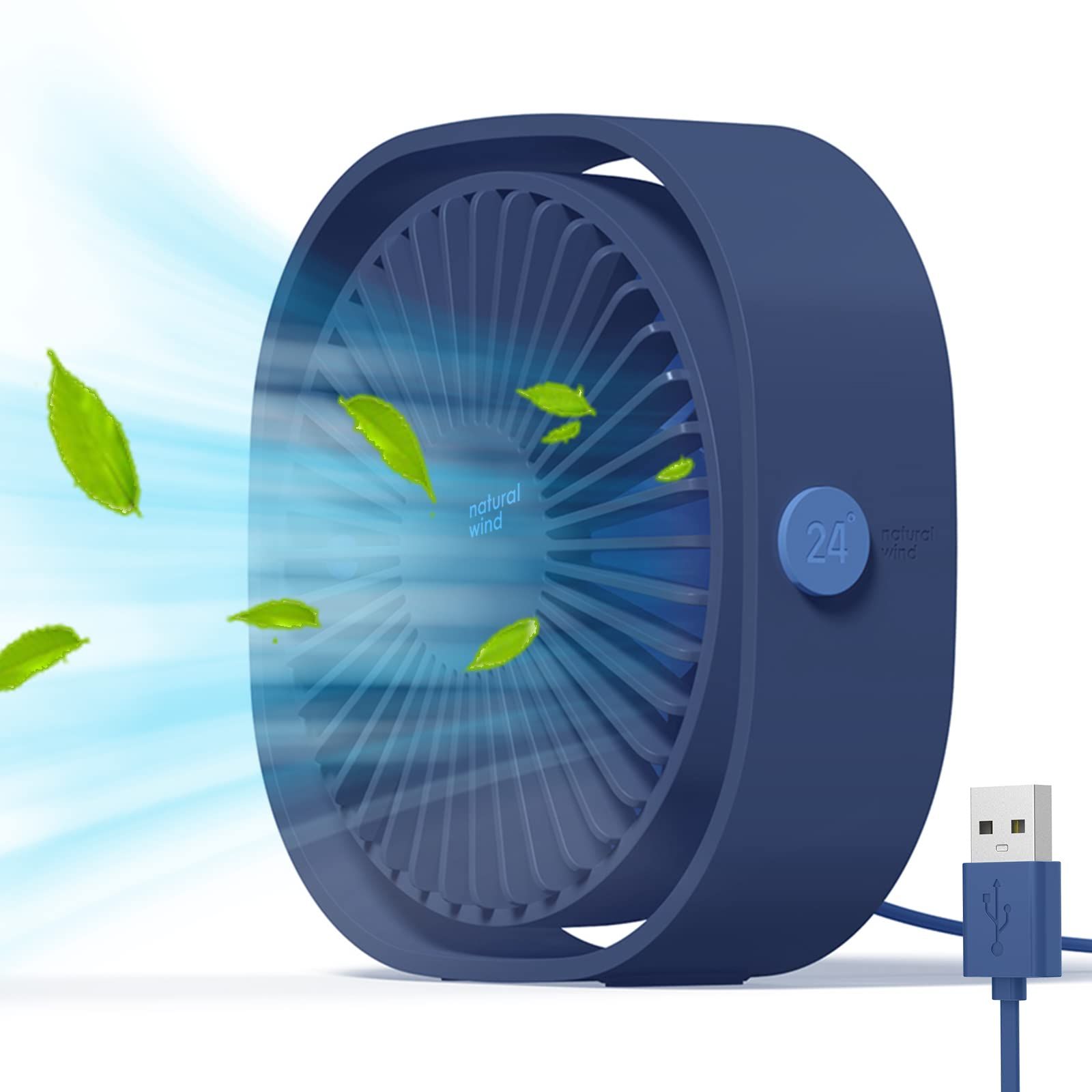 Small USB Fan Small Quiet Portable USB Powered ONLY (No Battery), Cooling Speed Setting 360° Adjustable, Blue