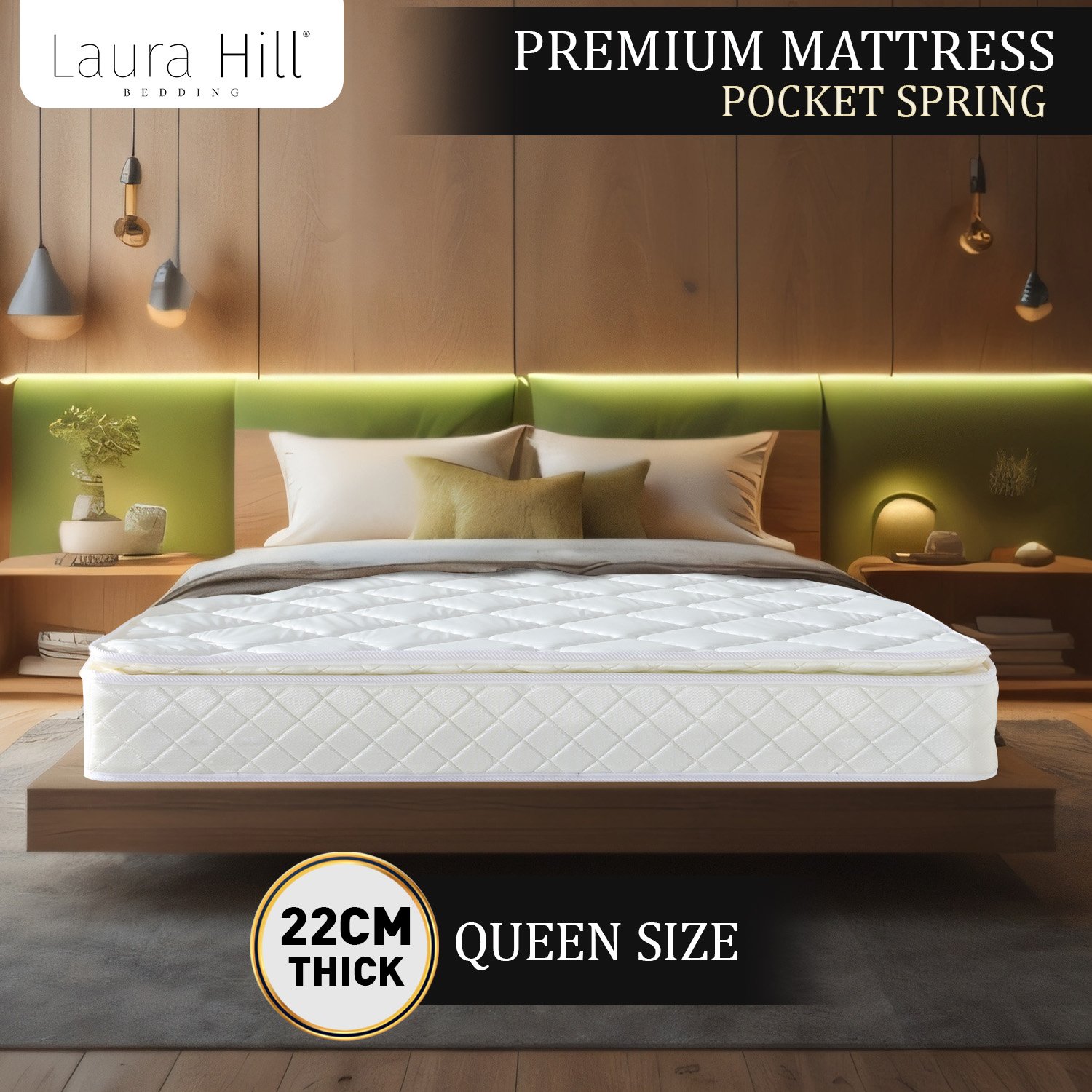 Laura Hill Mattress Queen Size Pillow Top Pocket Spring High Density Foam 22cm โ image 3