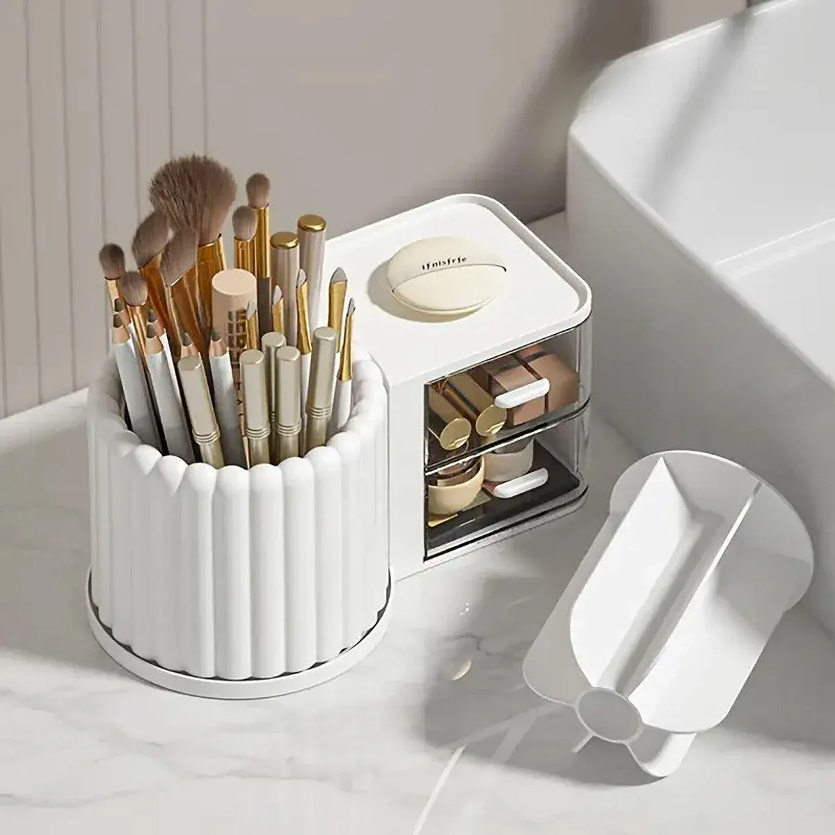 Rotating Cosmetic Pen Holder Dustproof Waterproof Storage Box Sanitary Organizer - White β image 5