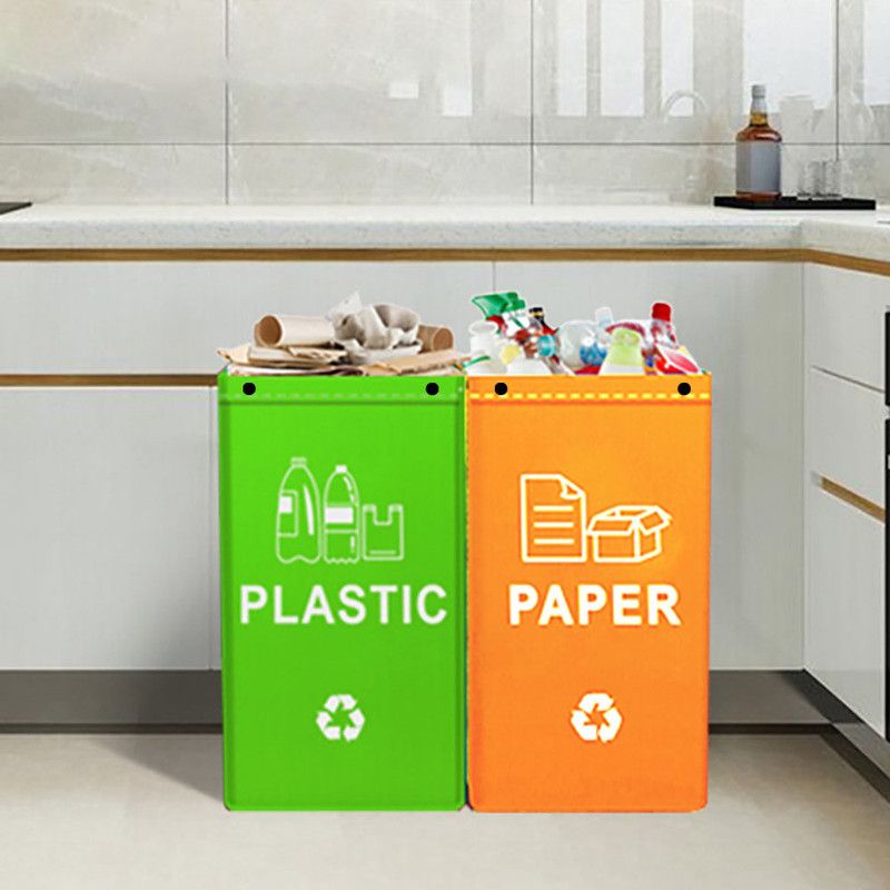 Foldable Waterproof Waste Sorting Bags, Reusable Laminated Recycling Storage Tote with Handle, 40L Large Capacity Garbage Organizer(Brown + elegant gray)