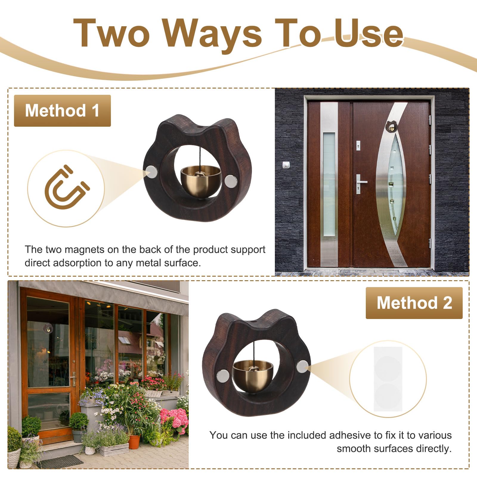 1 Piece Vintage Wooden Door Bell with Copper Chime and Magnetic Mount for Entryways and Bedrooms, Walnut Cat Face Design — image 4