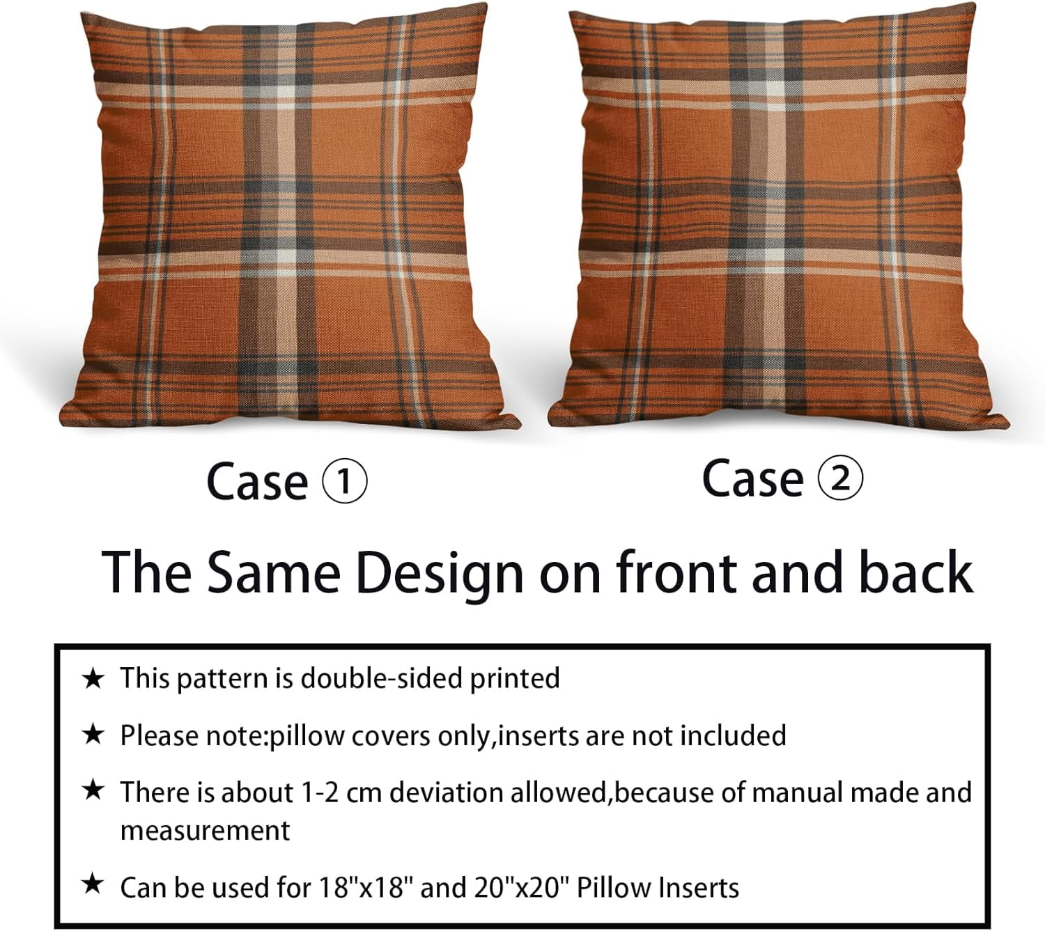2 Pack Fall Plaid Pillow Covers, Buffalo Tartan Decorative Cushion Cases for Couch, Sofa and Bed, 18 × 18, Burnt Orange Blue — image 4