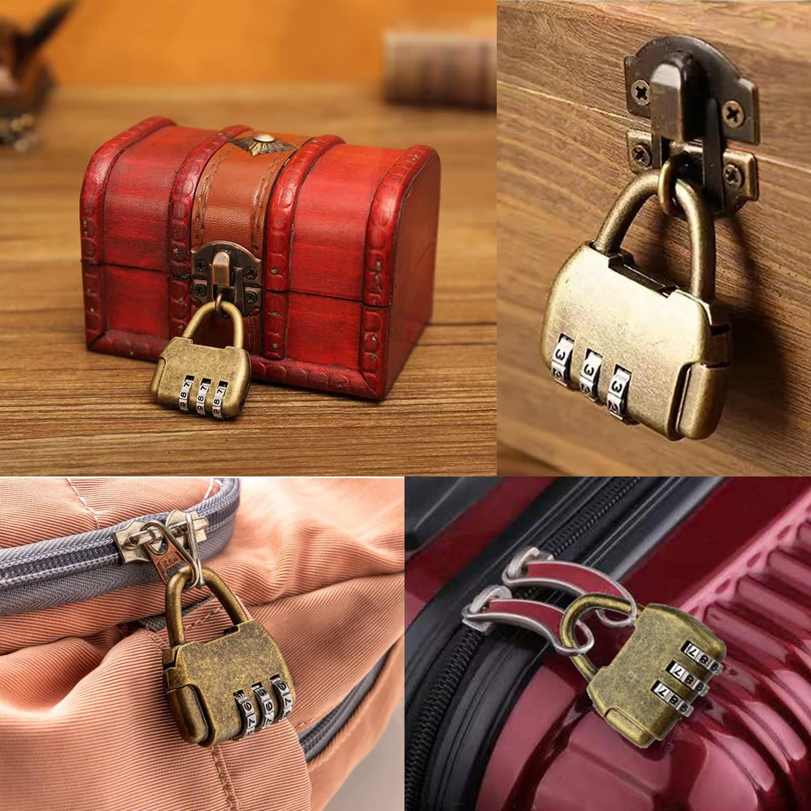 Vintage Antique Style 3 Digit Combination Lock Mini Bronze Password Padlock Small Metal Padlock Archaize Style Lock,Pack of 3 — image 5