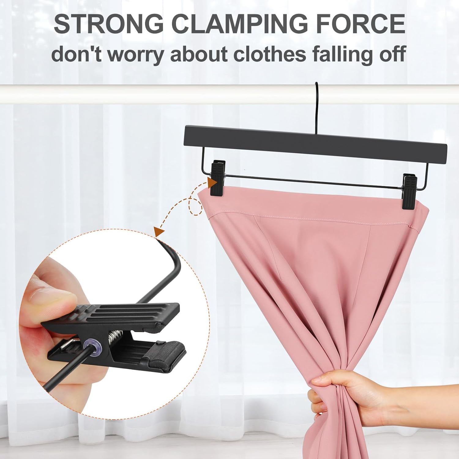 TOPIA HANGER Wooden Pants Hangers 10 Pack, Black Skirt Hangers with Clips and Rotatable Hook, Durable Natural Rubber Wood Organizer for Skirts, Pants, Jeans โ image 6