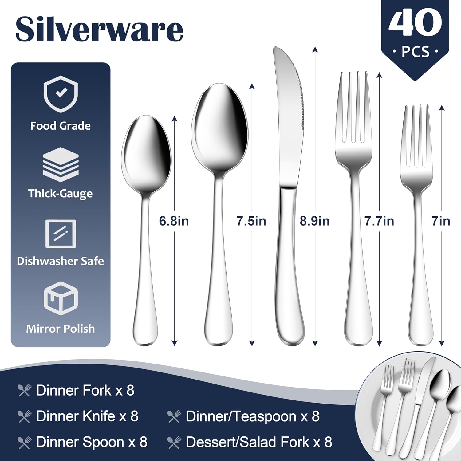 Heavy Duty Silverware Set for 8, 40-Piece Stainless Steel Flatware Cutlery Set, Thick Metal Eating Utensils Including Forks and Spoons Knife, Heavy Weight & — image 2