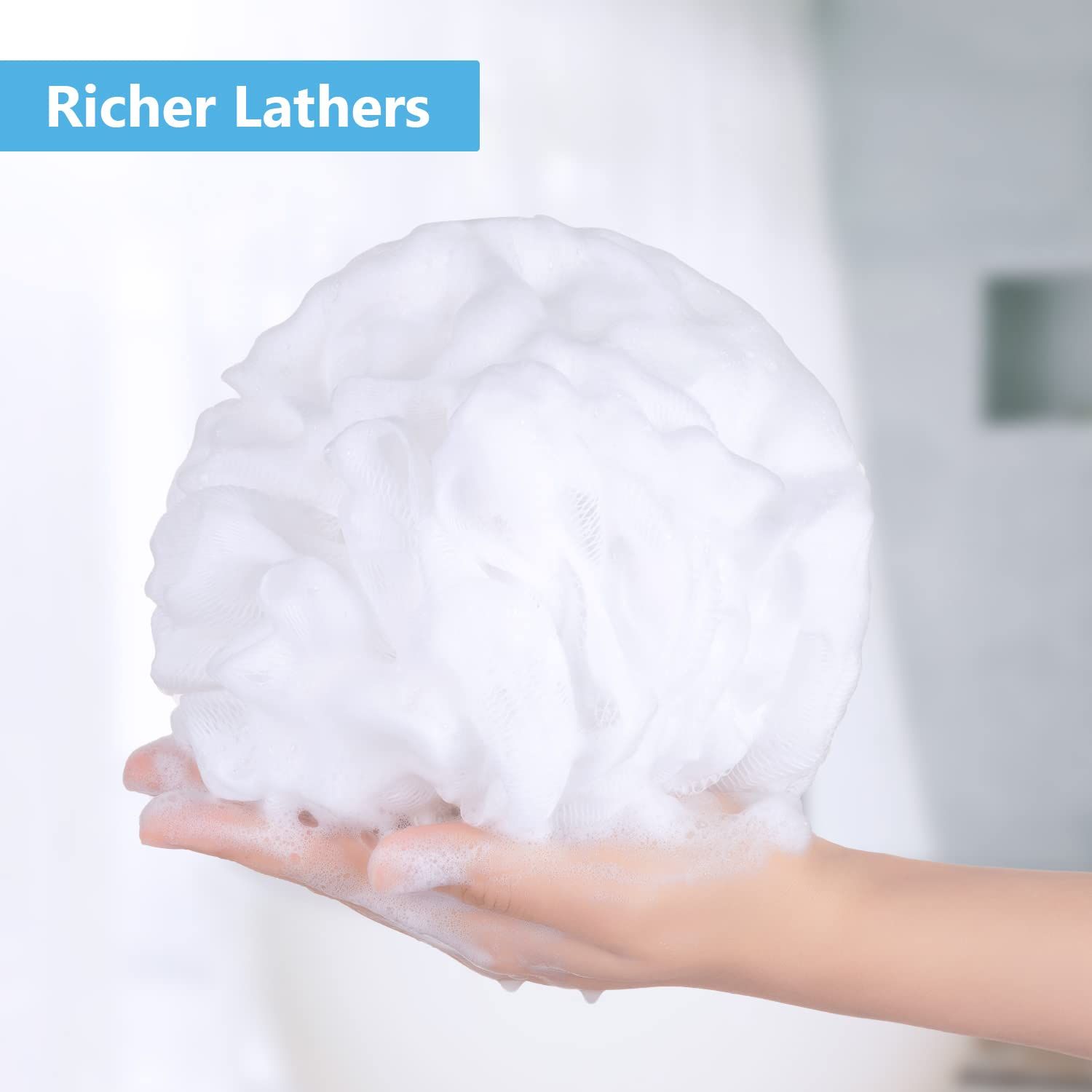Set of 4 Bath Loofah Large 50g Shower Sponge Body Scrubber Mesh Pouf for Men and Women, (White) Rubbing and foaming — image 5