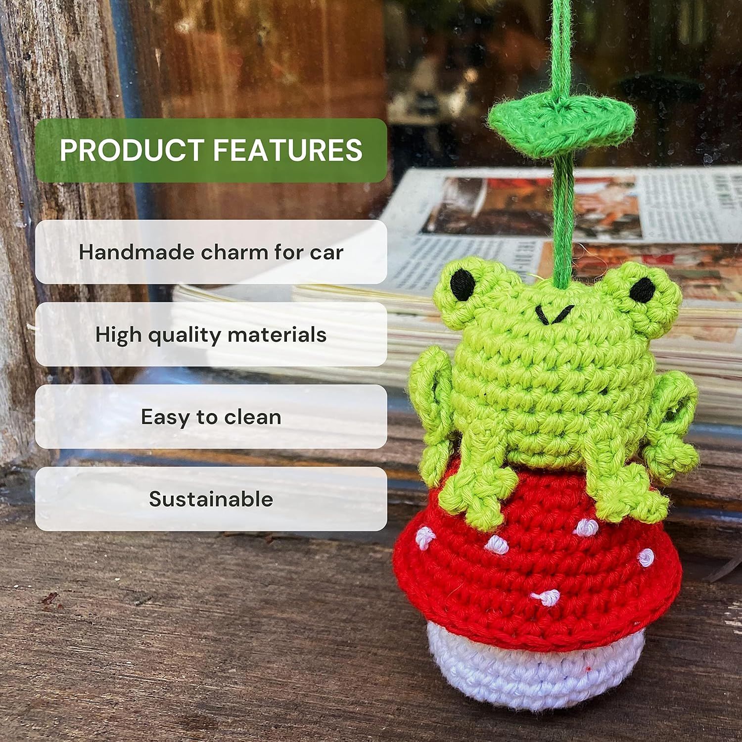 Crochet Frog and Mushroom Ornament, Accessories for Rear View Window, Handmade Hanging Car Charm, Automotive Interior Decorations, House Decoration (Frog and — image 4