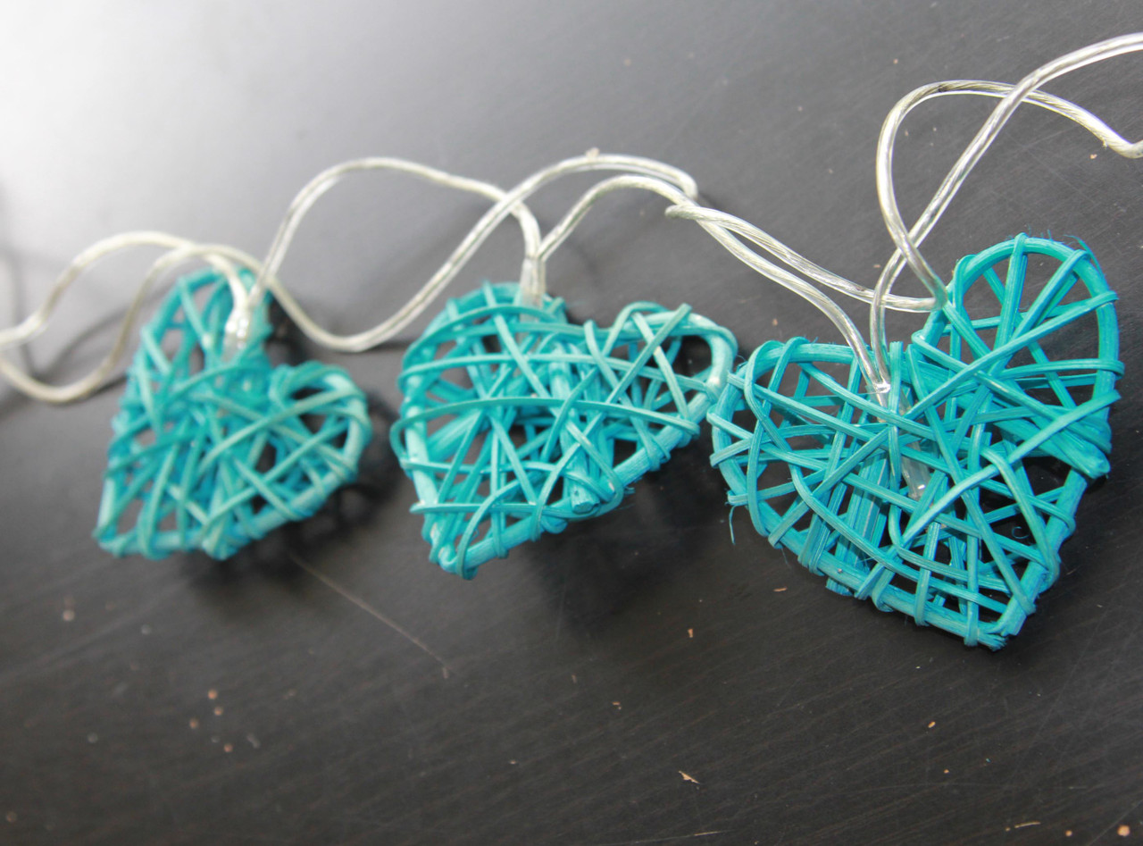 20 Turquoise Blue 3D Hollowed Rattan Heart-Shaped 3M String Fairy Lights, Battery (AA) Indoor & Outdoor Decorations Birthday Kids Celebration PartyRoom Table — image 2