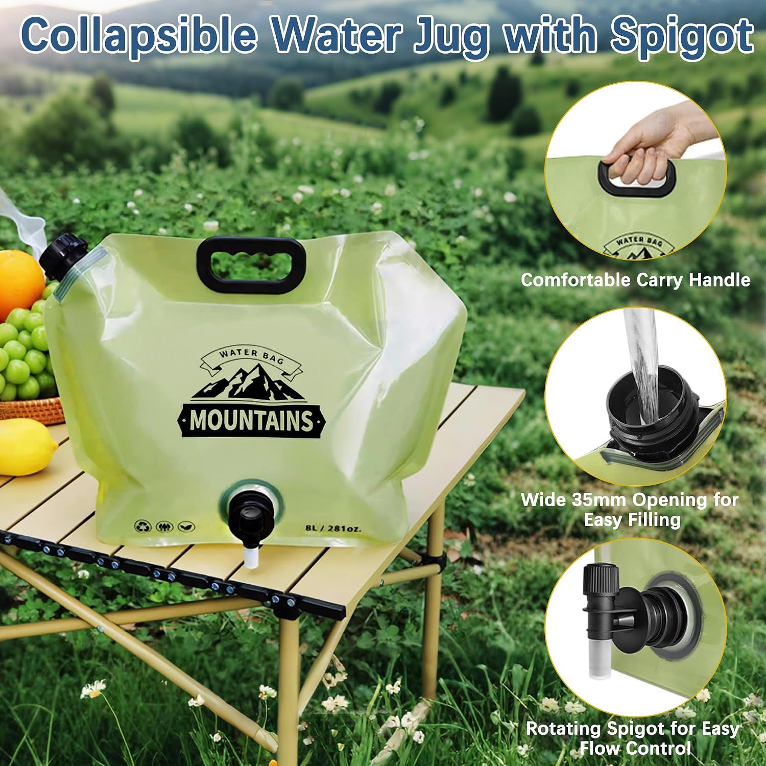Water Jug Camping 2.1 Gallon Collapsible with Spigot, BPA Free Portable Water Pouch Foldable Water Bags for Outdoor Hiking, Travel and Emergency & — image 3