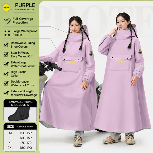 Purple Full Coverage & Extended Cycling Hooded Rain Poncho with Detachable Shoe Covers, M Size – Thickened Waterproof Oxford Motorcycle Raincoat with