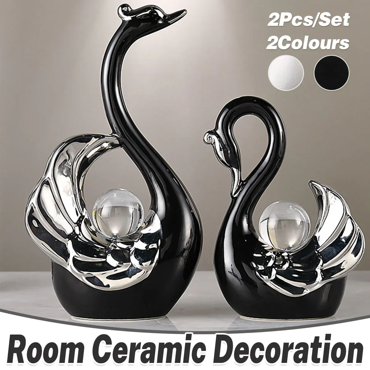 Swan Ceramic Tabletop Ornament Set Home Decor Figurine Gift Room Decoration Art - Black — image 2