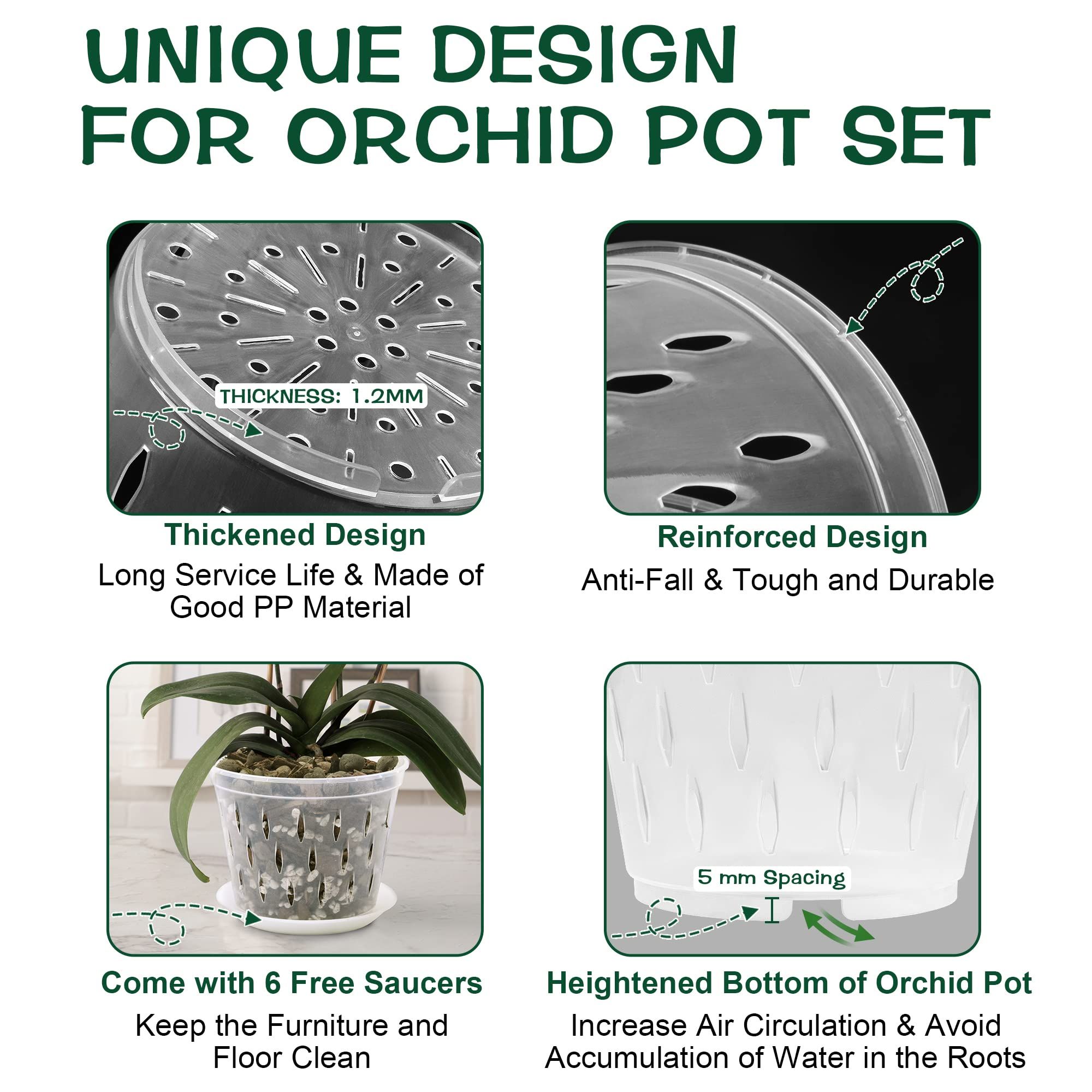 Orchid Pot, 5 Inch 6 Pack Orchid Pots with Holes and Saucers, Clear Plastic Orchid Pots Ultra Cost-effective Orchid Pot Kit — image 3