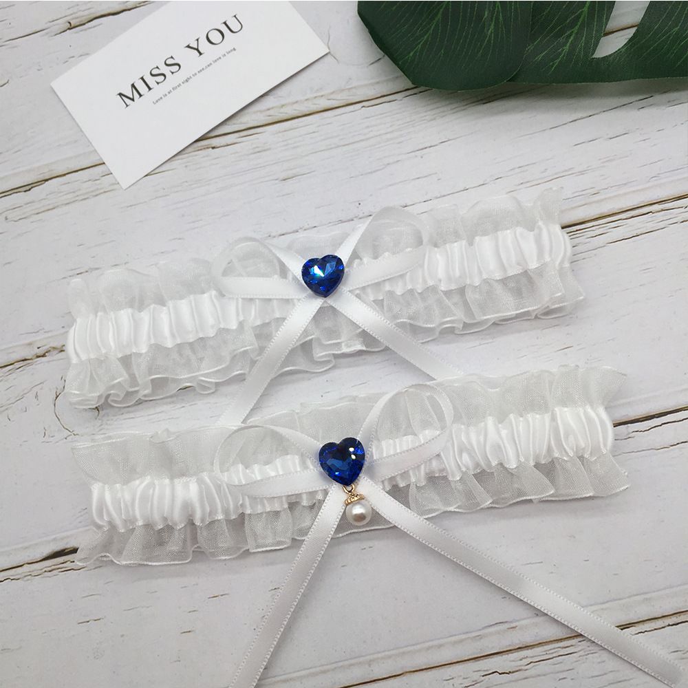 Wedding Bridal Garter for Bride Heart Rhinestones Satin Bow with Pearl Prom Garter Set (2 pieces)Tulle, Ribbon โ image 4