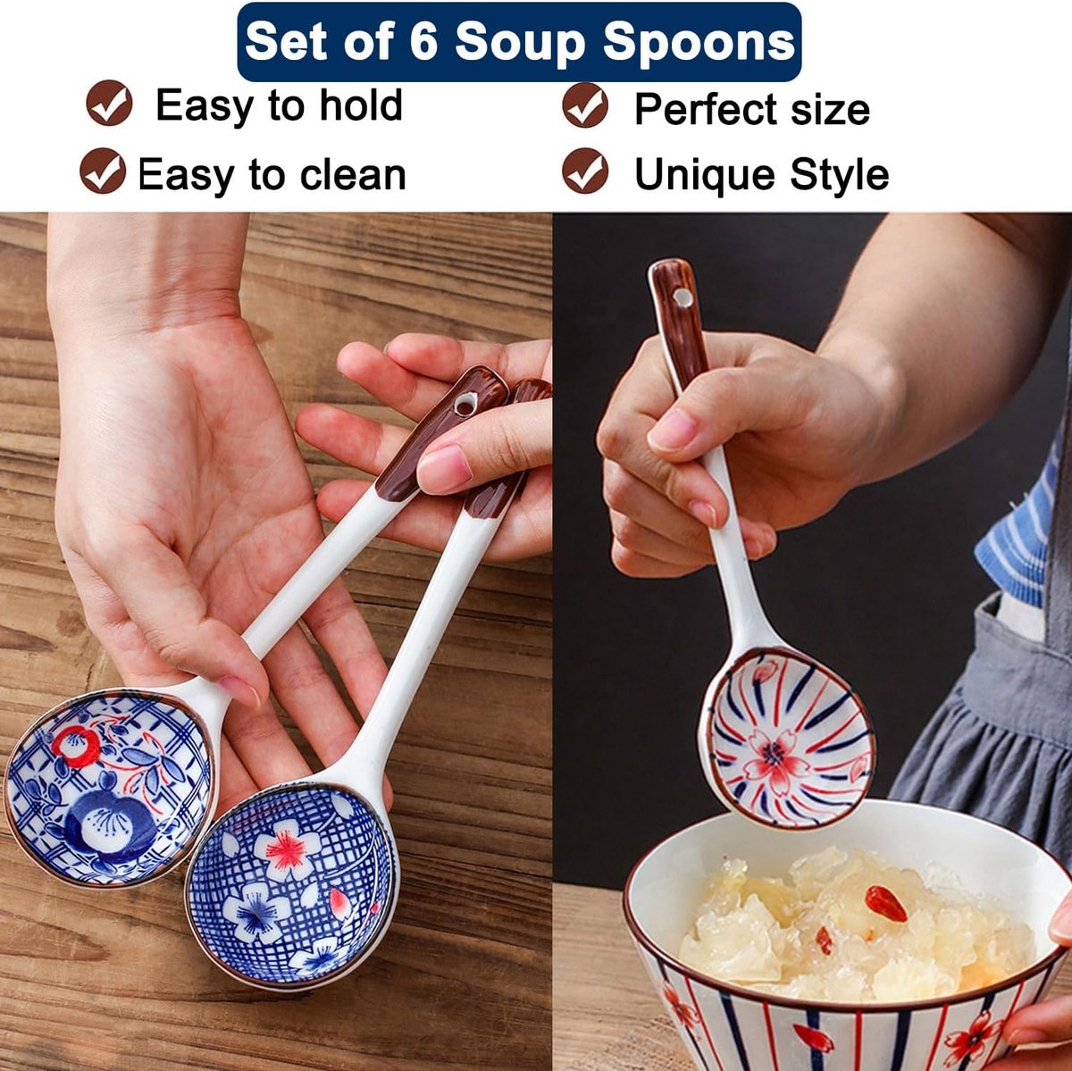 Set of ceramic soup spoons - 6 long-handled Japanese spoons - Easy-to-hold utensils for ramen, wonton, and miso soup - Elegant spoons for noodles and dumplings — image 5