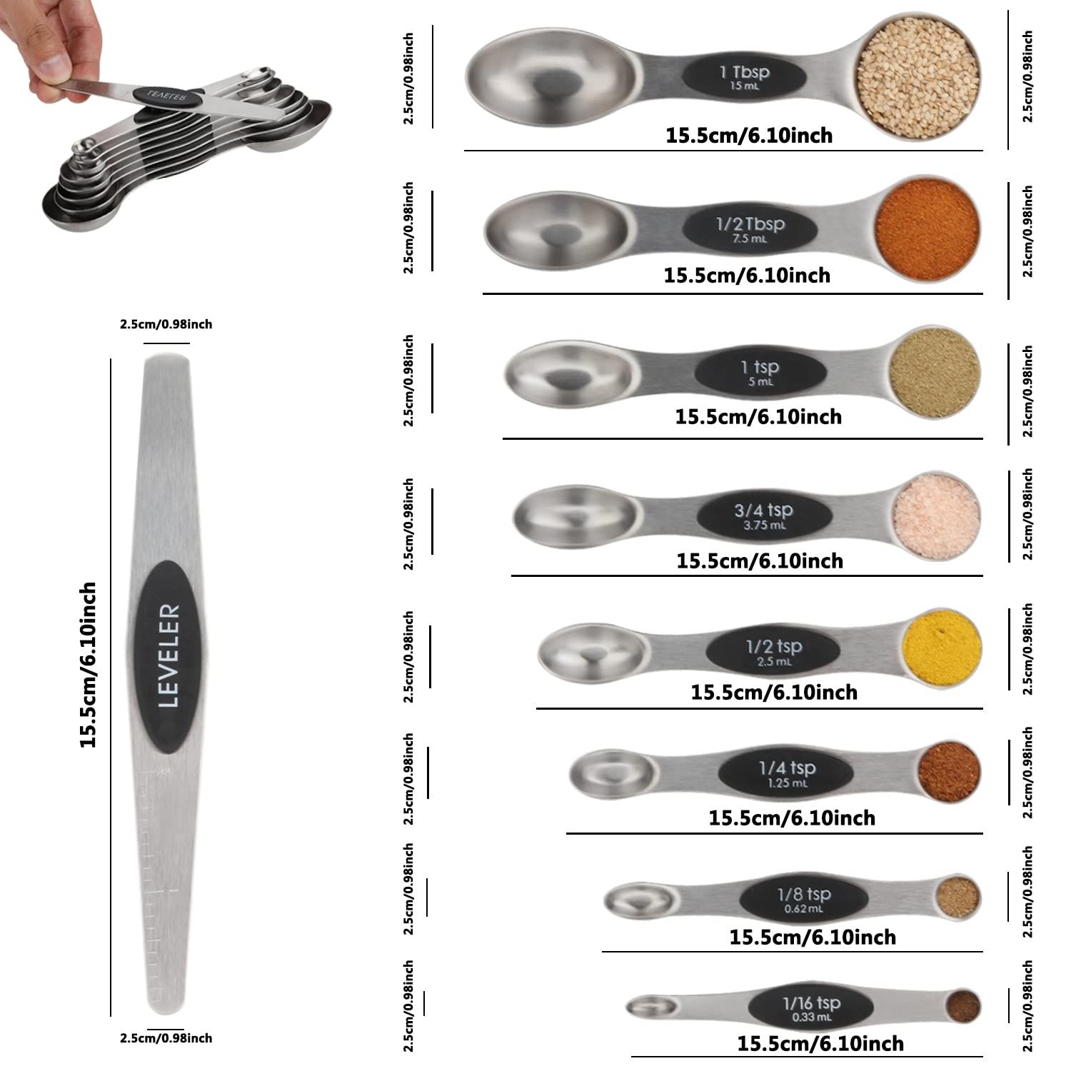 Measuring Spoon Set of 8 Magnetic Measuring Spoons Dual Sided Stainless Steel Measuring Spoons Stackable Nesting Tablespoon Teaspoon, Fits in Spice Jars, for โ image 2