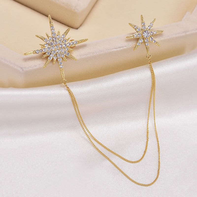 Asymmetric Star Chain Brooch - Rhinestone Double Star Pin with Layered Chains, Elegant Lapel Badge for Women Blazer Coat Dress, Gold Tone โ image 4
