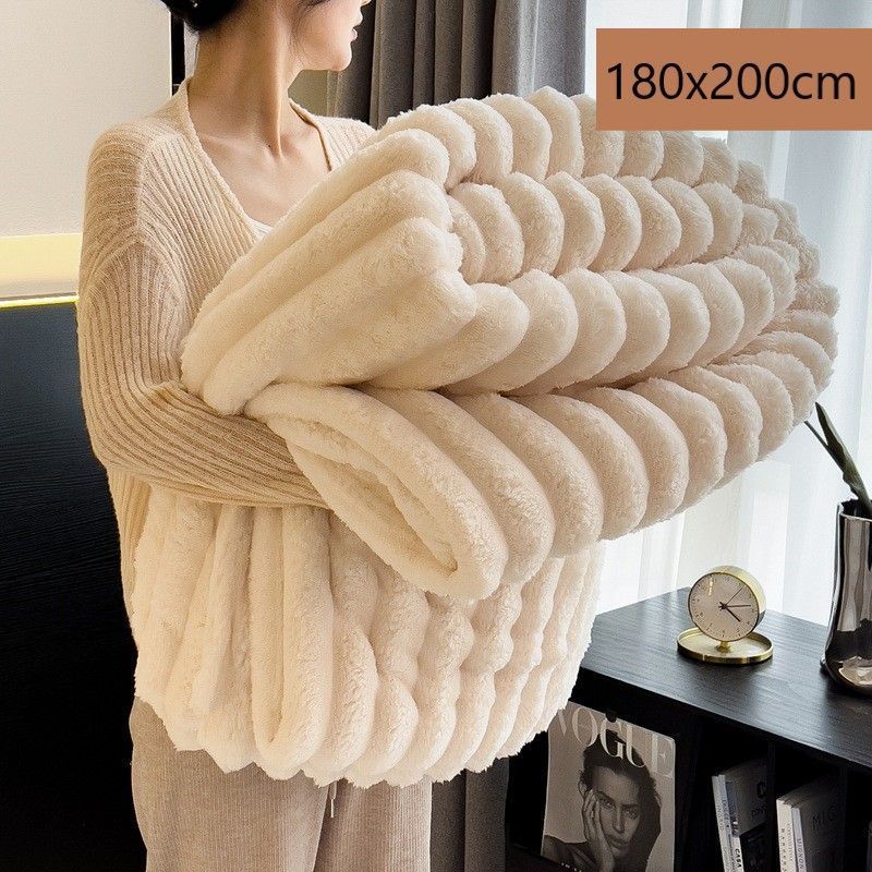 Plush Bunny Fleece Single Wide Blanket Thick Flannel Sofa Nap Throw Off White 180 × 200cm for Christmas Gifting