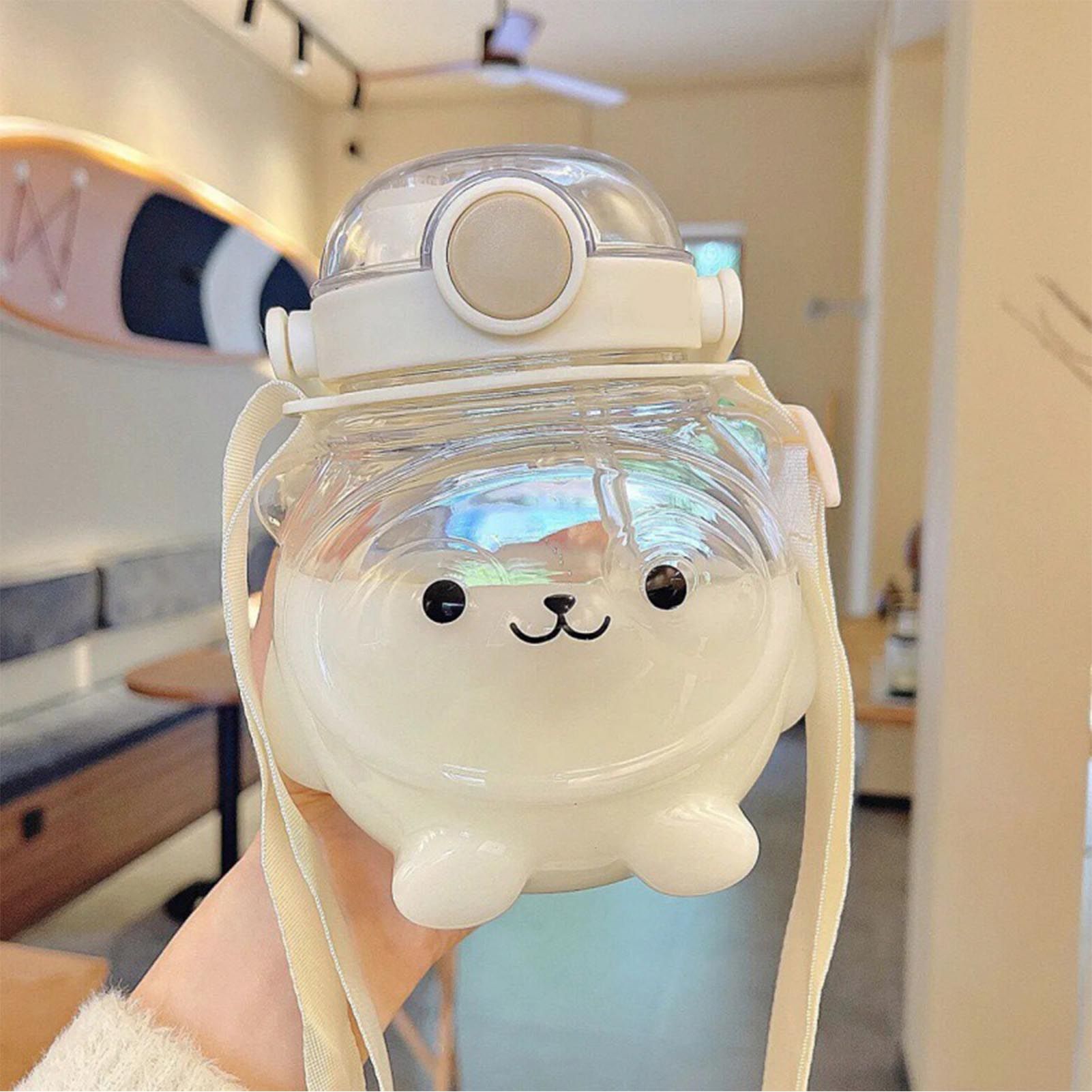 Large Water Bottle 1000ml Cartoon Bear Shape Portable Drinking Bottle with Straw Strap for Summer White — image 6