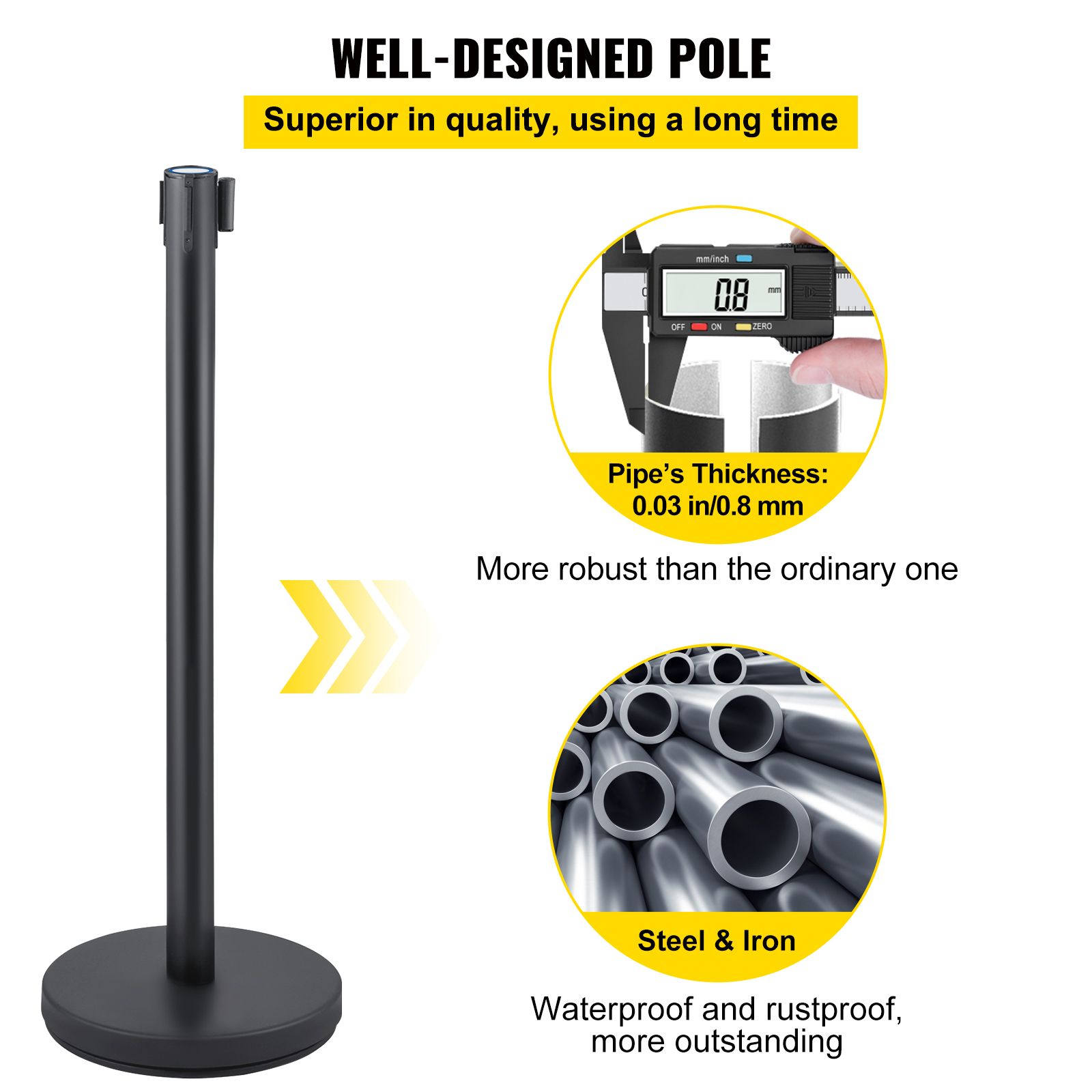 Crowd Control Stanchion, Set of 6 Pieces Stanchion Set, Stanchion Set with 6.6 ft/2 m Black Retractable Belt, Black Crowd Control Barrier with Concrete and โ image 3