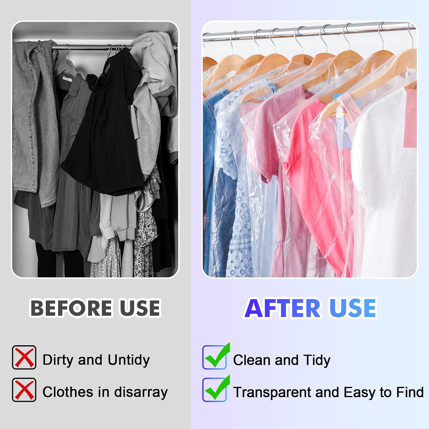 30 Pack Clear Garment Bags, 47.2 Inch Plastic Garment Bags Dustproof, Long Clothes Covers, Waterproof Suit Cover Bag, Moth Proof Coat Bag for Shirts Gowns — image 5