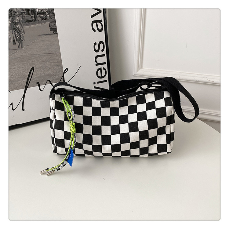 Blue Trendy Checkerboard Boston Bag - Casual Crossbody Shoulder Purse with Wide Strap — image 2