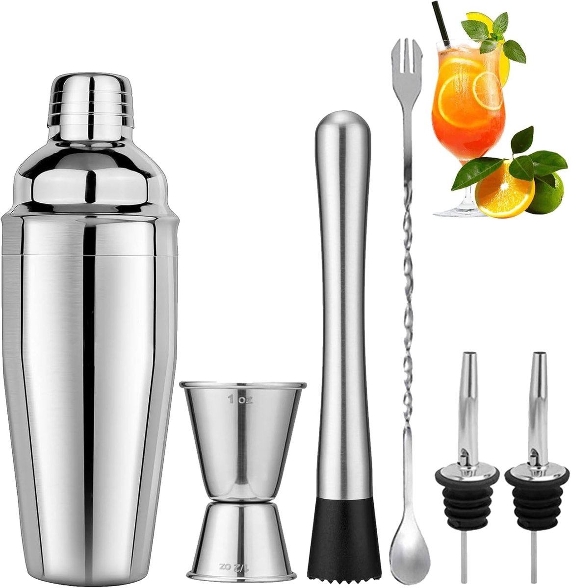 Stainless Steel Cocktail Shaker - 6-piece set - Cocktail Shaker (750ml) - cocktail accessories - Cocktail set with drink shaker, cocktail strainer, mixing