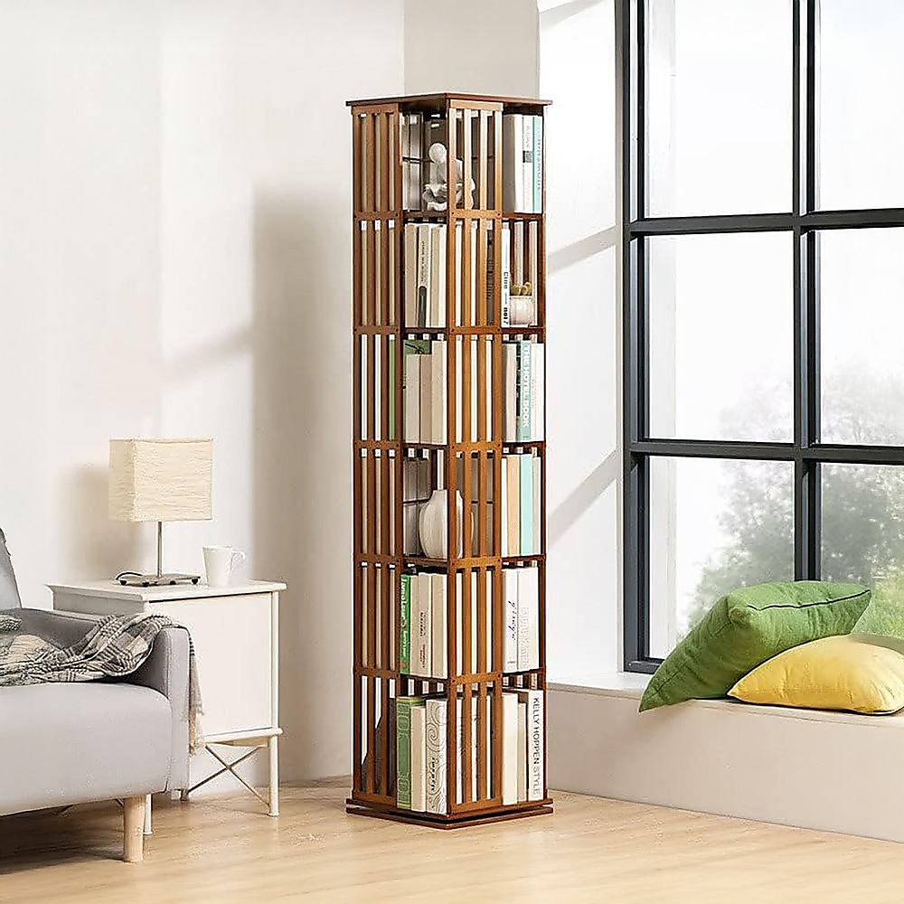 360 Rotating Bookshelf Bamboo Storage Display Rack Shelving in Dark Wood โ image 2