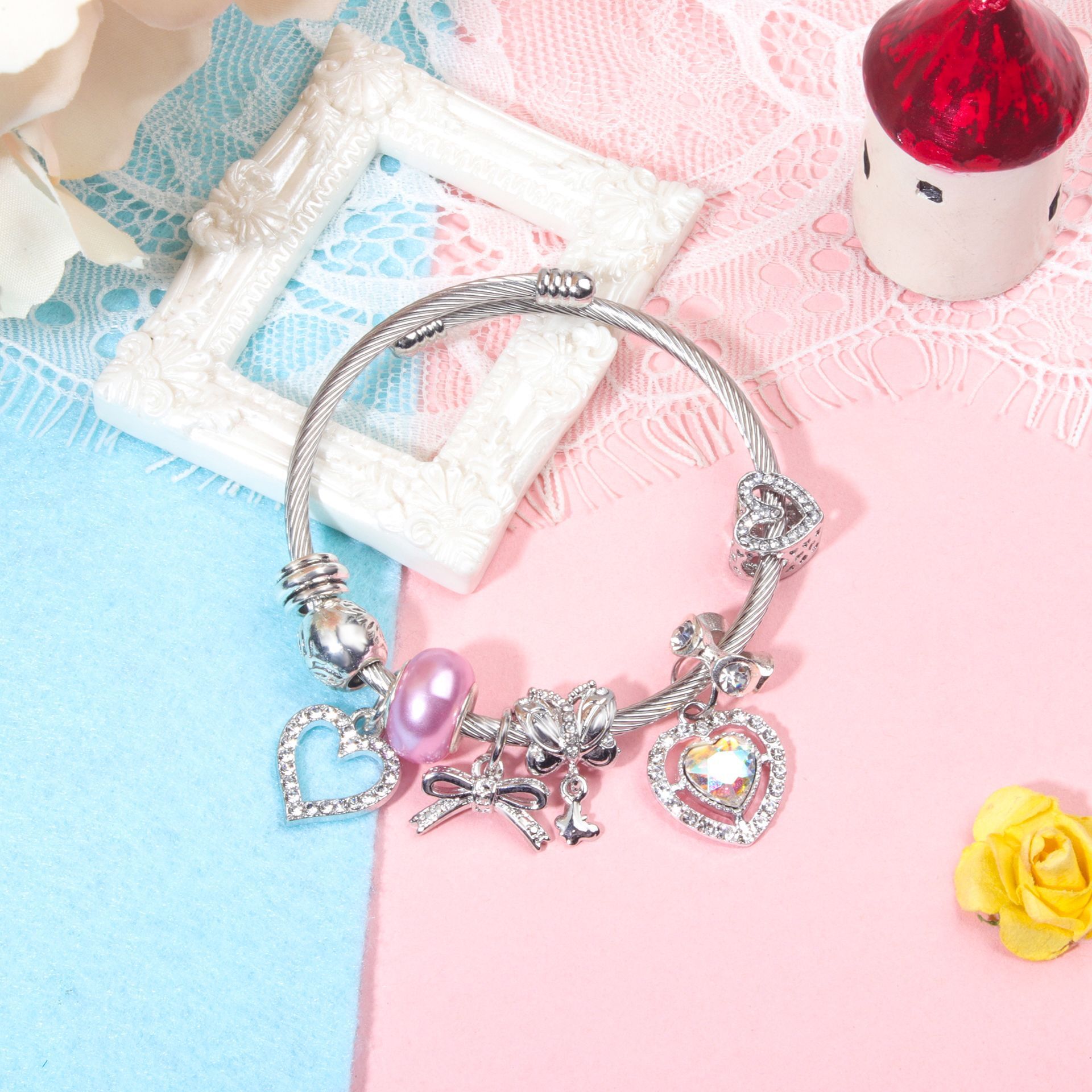 Cute Heart-shaped Beaded Bracelet with Rhinestones(18cm) โ image 2