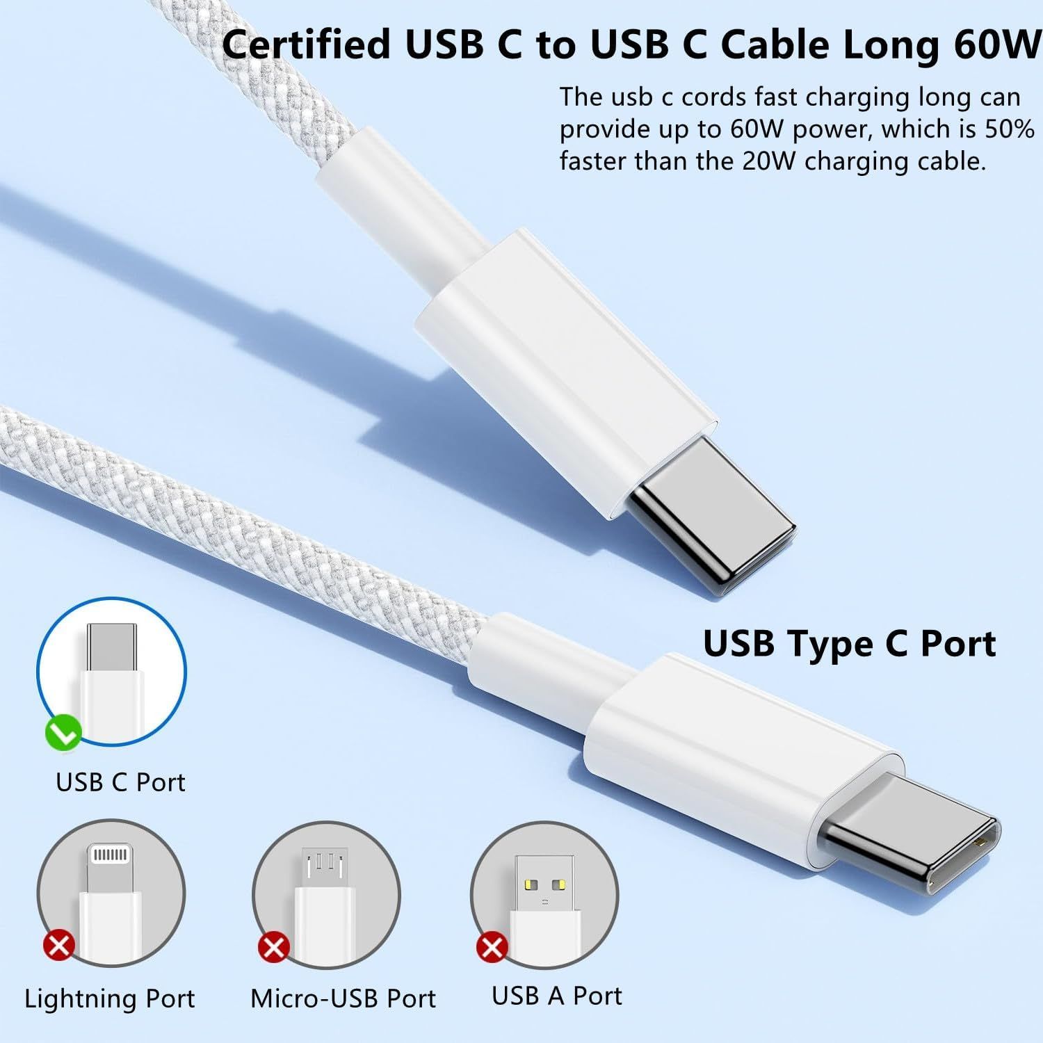 USB C to C Charger Cable 10ft, 60W Type C to C Fast Charging Cable Cord Long for Apple iPhone 17 Pro Max/17 Air/16 Pro Max/16 Pro/15 Plus/15 Pro Max/MacBook — image 3