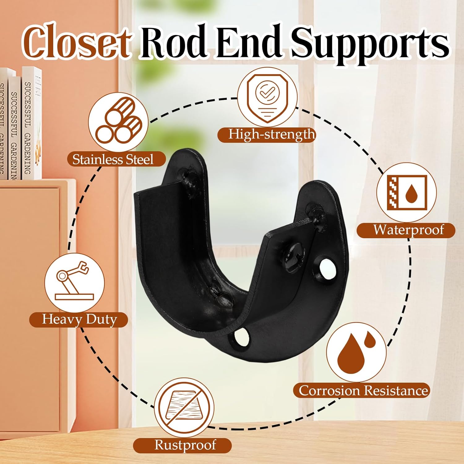 Biaungdo 1-1/4 Inch Stainless Steel Closet Rod End Supports, 4 Pcs Black Heavy Duty Wardrobe Rod Brackets Closet Pole Sockets Flange Rod Holder, U-Shaped โ image 3