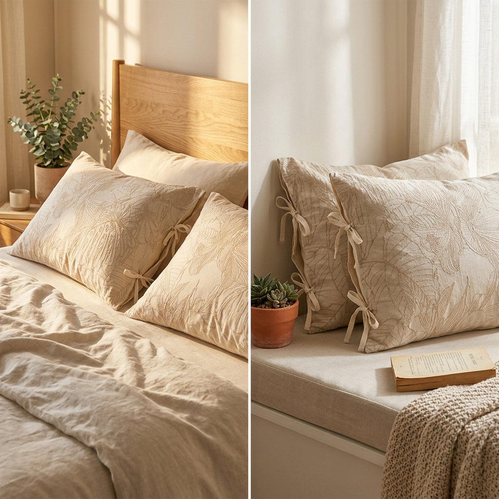 Linen Cotton Pillowcase Pair with Tie Closure Floral Pillow Covers 48x74cm (Style 2) โ image 3