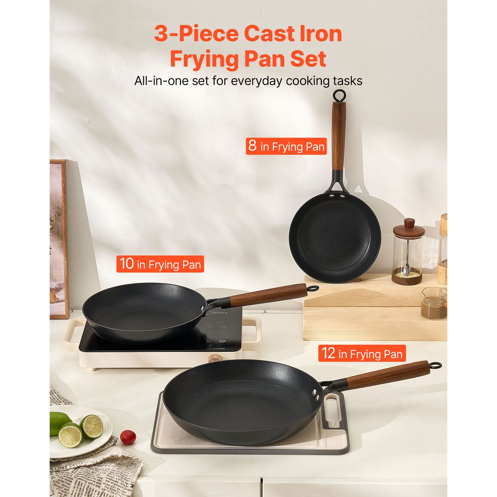 Cast Iron Skillet, 3-Piece Frying Pan Set (205, 265, 310 mm), Nonstick Skillets with Detachable Wood Handle, Pre-Seasoned Chef's Pan, Kitchen โ image 2