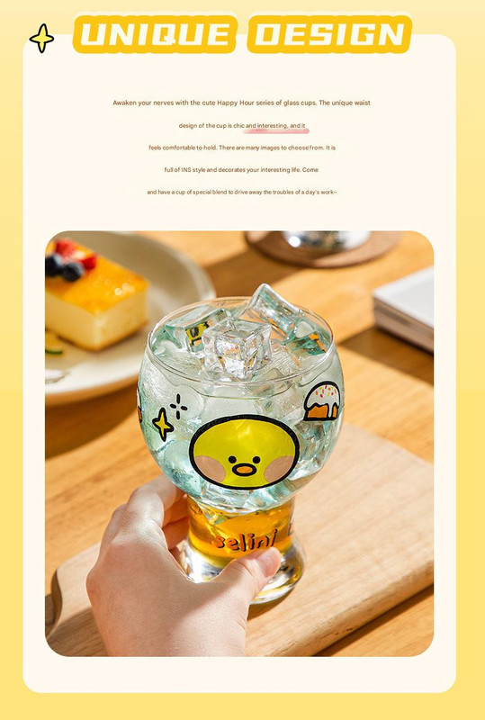 Mini Cartoon Glass Tumbler 400ml,Cute Beer and Juice Cup for Cold Drinks(Yellow duck) — image 5