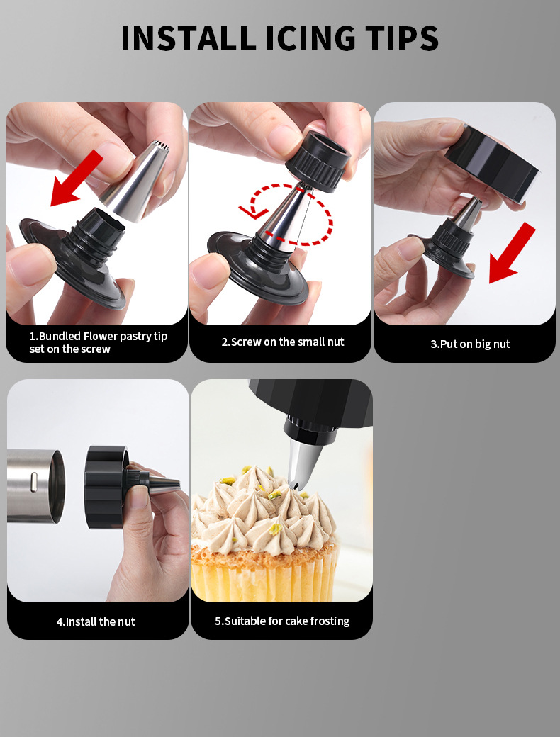 Silver and Black Stainless Steel Cookie Press Gun Kit - Biscuit Maker & Icing Decorating Set with 13 Discs & 8 Nozzles — image 5