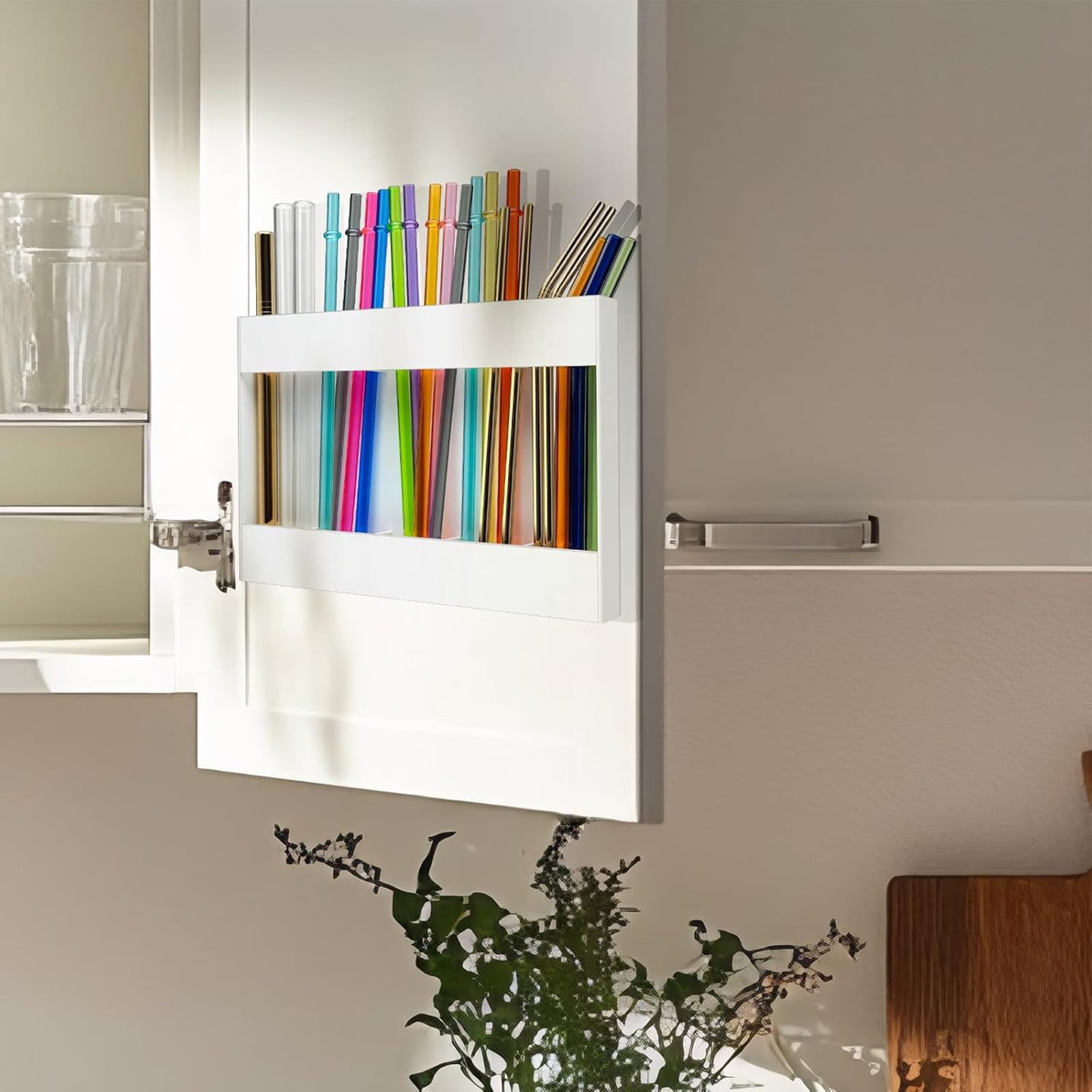 Acrylic Straw Holder for Cabinet, Reusable Tumbler Straw Organizer Storage Container Straw Holder for Counter Cabinet Cupboard Kitchen White — image 4