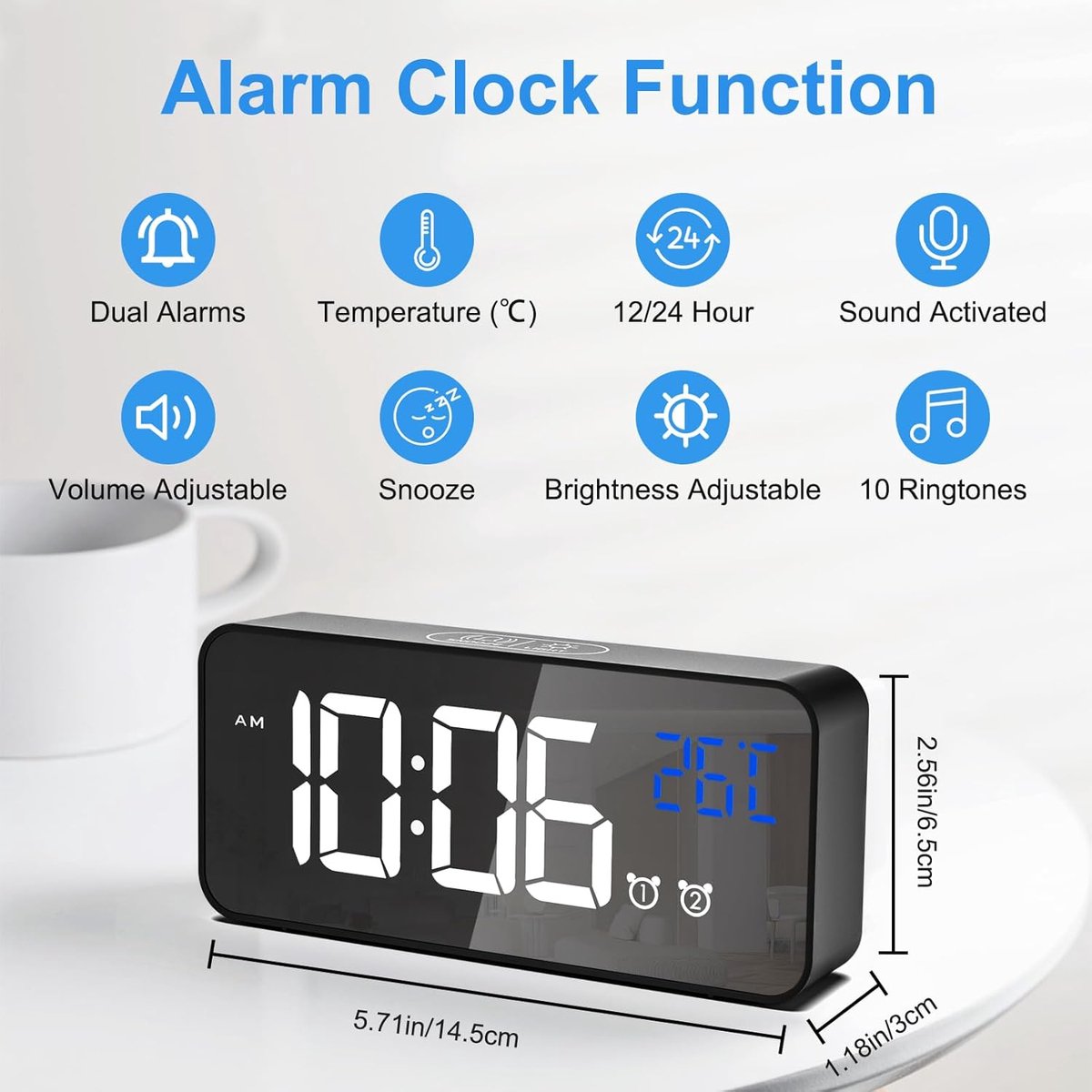 Digital alarm clock, LED digital clock with temperature display, portable mirror alarm clock, 13 alarm tones, USB rechargeable, 4 brightness settings and — image 3