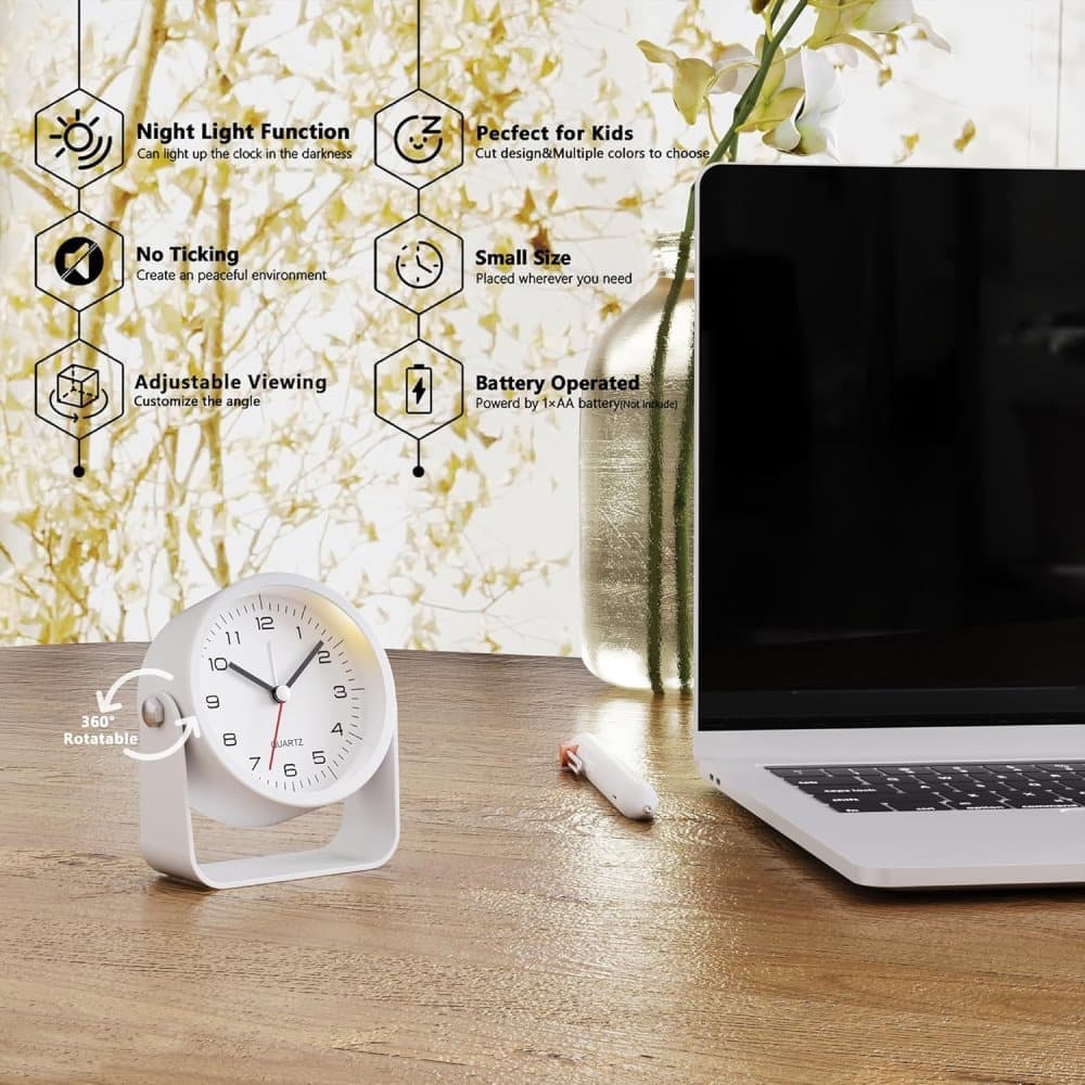 Analog Alarm Clock Silent with Night Light, Adjustable Angle for Travel Nightstand Bedroom, Metal Clock, Light green โ image 2